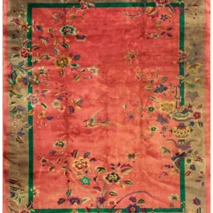 1920s Pink Floral Open Field Modernist Knotted Wool Antique Chinese Art Deco Rug