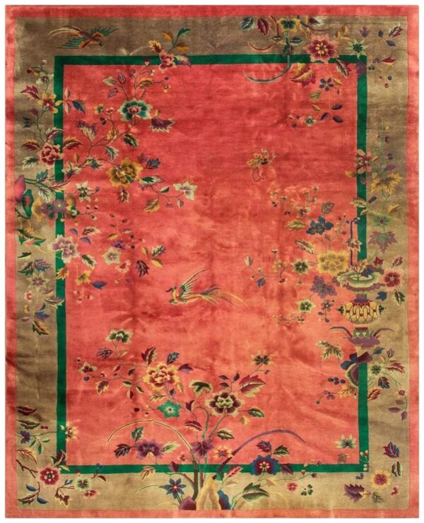 1920s pink floral open field modernist knotted wool antique chinese art deco rug