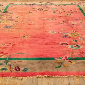 1920s Pink Floral Open Field Modernist Knotted Wool Antique Chinese Art Deco Rug - detail view 1