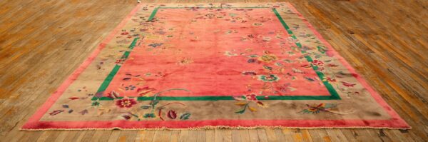 1920s pink floral open field modernist knotted wool antique chinese art deco rug - detail view 1