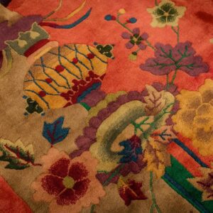 1920s Pink Floral Open Field Modernist Knotted Wool Antique Chinese Art Deco Rug - detail view 2
