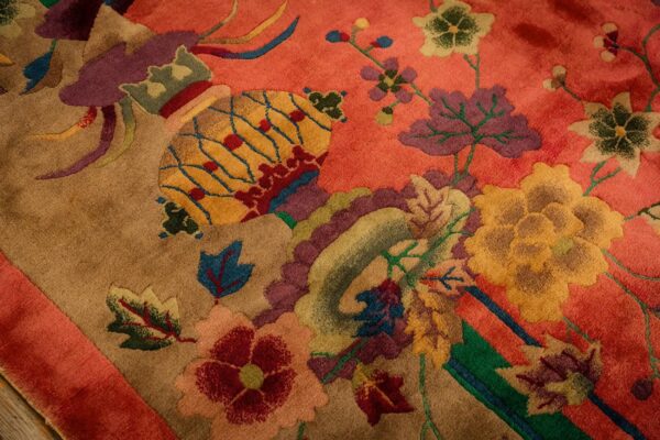 1920s pink floral open field modernist knotted wool antique chinese art deco rug - detail view 2