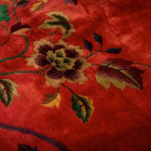 1920s Pink Floral Open Field Modernist Knotted Wool Antique Chinese Art Deco Rug - detail view 3