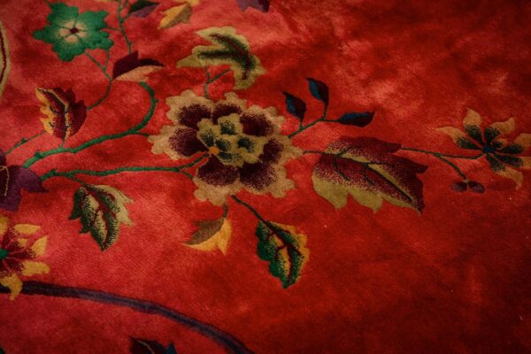 1920s pink floral open field modernist knotted wool antique chinese art deco rug - detail view 3