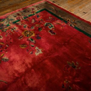 1920s Pink Floral Open Field Modernist Knotted Wool Antique Chinese Art Deco Rug - detail view 4