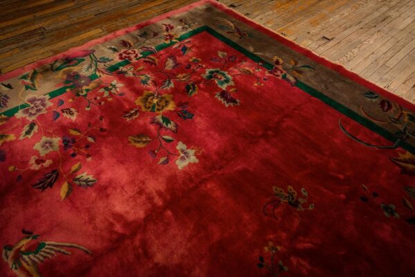 1920s pink floral open field modernist knotted wool antique chinese art deco rug - detail view 4