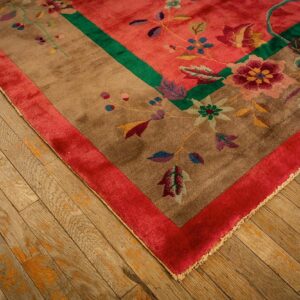 1920s Pink Floral Open Field Modernist Knotted Wool Antique Chinese Art Deco Rug - detail view 5