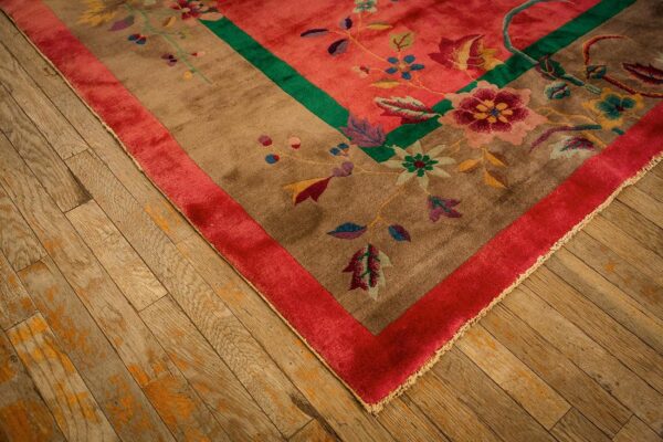 1920s pink floral open field modernist knotted wool antique chinese art deco rug - detail view 5