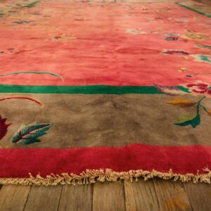 1920s Pink Floral Open Field Modernist Knotted Wool Antique Chinese Art Deco Rug - detail view 6