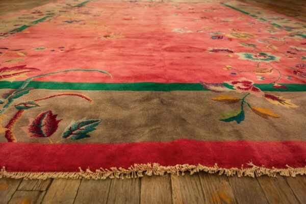 1920s pink floral open field modernist knotted wool antique chinese art deco rug - detail view 6