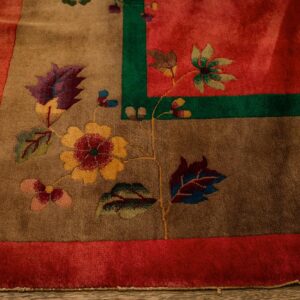 1920s Pink Floral Open Field Modernist Knotted Wool Antique Chinese Art Deco Rug - detail view 7