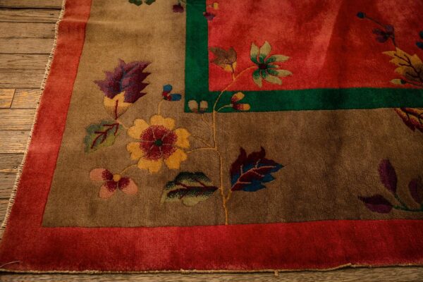 1920s pink floral open field modernist knotted wool antique chinese art deco rug - detail view 7