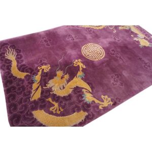 1920s Purple Traditional Dragon Shou Symbols Wool Antique Chinese Art Deco Rug - detail view 6