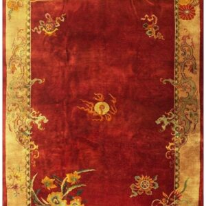 1920s Red Open Field 6Star Room Size Antique Chinese Knotted Wool Art Deco Rug