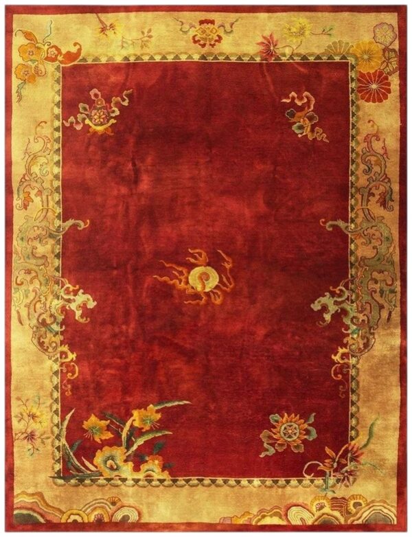1920s red open field 6star room size antique chinese knotted wool art deco rug