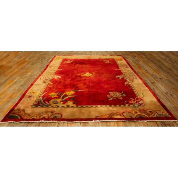 1920s red open field 6star room size antique chinese knotted wool art deco rug - detail view 1