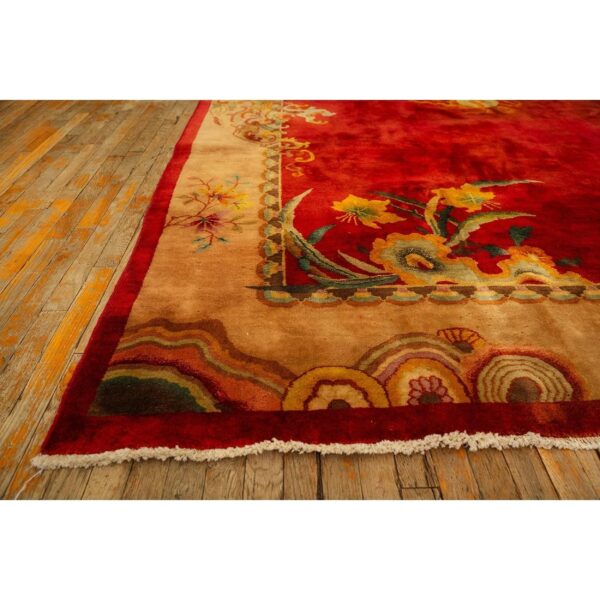 1920s red open field 6star room size antique chinese knotted wool art deco rug - detail view 2