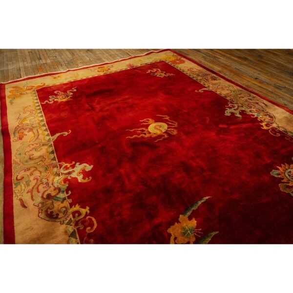 1920s red open field 6star room size antique chinese knotted wool art deco rug - detail view 4