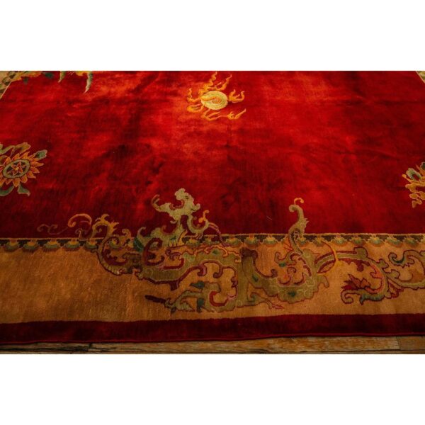 1920s red open field 6star room size antique chinese knotted wool art deco rug - detail view 5