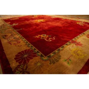 1920s Red Open Field 6Star Room Size Antique Chinese Knotted Wool Art Deco Rug - detail view 6
