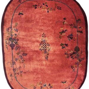1920s Rose Field Floral Antique Chinese Knotted Wool Art Deco Room Size Oval Rug