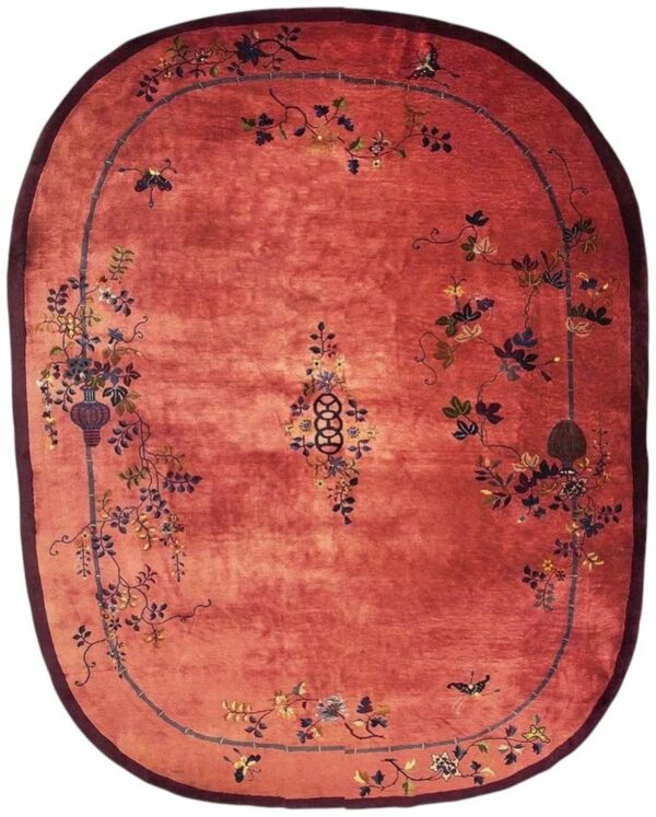 1920s rose field floral antique chinese knotted wool art deco room size oval rug