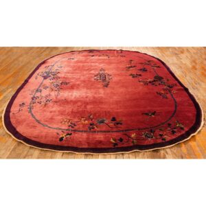 1920s Rose Field Floral Antique Chinese Knotted Wool Art Deco Room Size Oval Rug - detail view 1