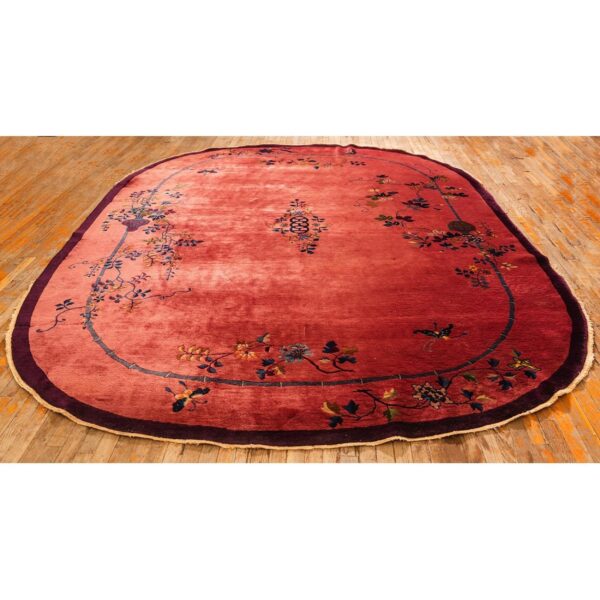 1920s rose field floral antique chinese knotted wool art deco room size oval rug - detail view 1