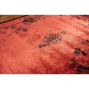 1920s Rose Field Floral Antique Chinese Knotted Wool Art Deco Room Size Oval Rug - detail view 2