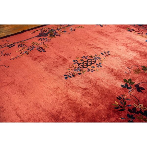 1920s rose field floral antique chinese knotted wool art deco room size oval rug - detail view 2