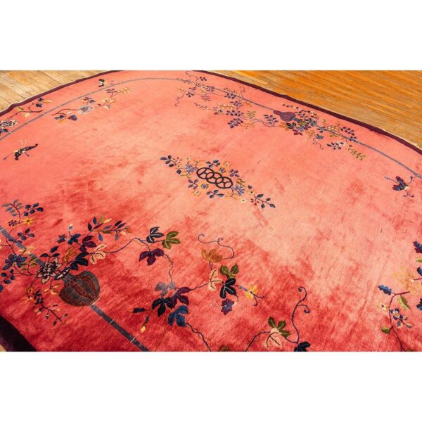 1920s rose field floral antique chinese knotted wool art deco room size oval rug - detail view 5
