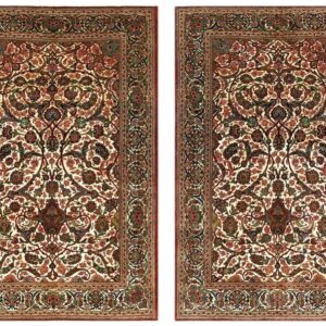 1920s Scatter Pair Of Beige Field Floral Antique Kashan Knotted Wool Carpet Rug