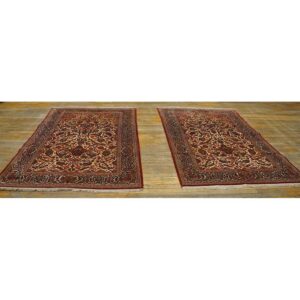 1920s Scatter Pair Of Beige Field Floral Antique Kashan Knotted Wool Carpet Rug - detail view 1