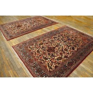 1920s Scatter Pair Of Beige Field Floral Antique Kashan Knotted Wool Carpet Rug - detail view 3
