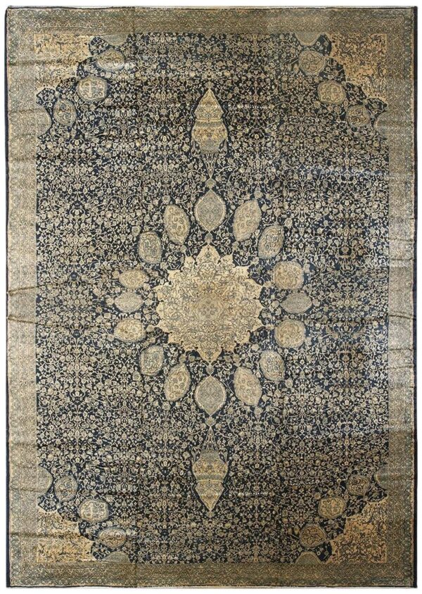 1920s traditional dark blue field medallion antique indian lahore gallery carpet