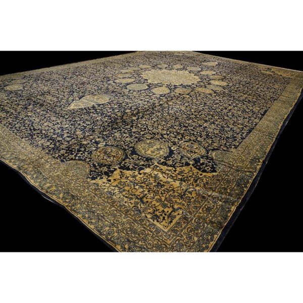 1920s traditional dark blue field medallion antique indian lahore gallery carpet - detail view 1