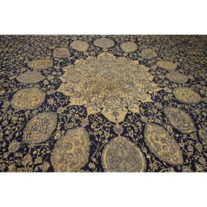 1920s Traditional Dark Blue Field Medallion Antique Indian Lahore Gallery Carpet - detail view 3