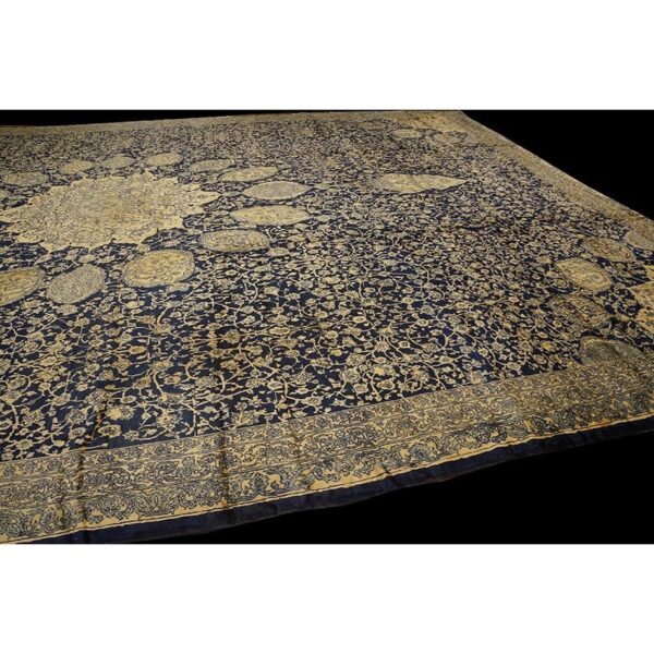 1920s traditional dark blue field medallion antique indian lahore gallery carpet - detail view 5