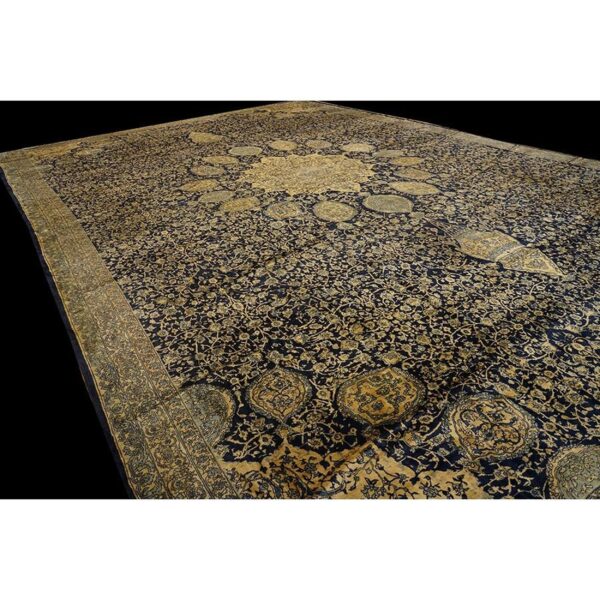 1920s traditional dark blue field medallion antique indian lahore gallery carpet - detail view 6