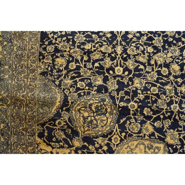 1920s traditional dark blue field medallion antique indian lahore gallery carpet - detail view 7