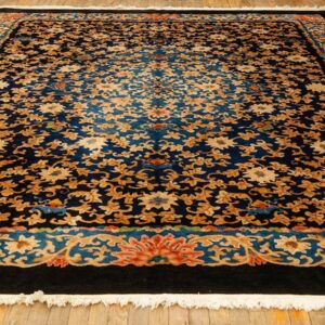 1920s Traditional Navy Floral Knotted Wool Antique Chinese Room Size Carpet Rug - detail view 1