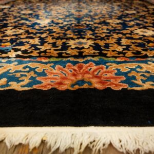 1920s Traditional Navy Floral Knotted Wool Antique Chinese Room Size Carpet Rug - detail view 2