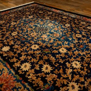 1920s Traditional Navy Floral Knotted Wool Antique Chinese Room Size Carpet Rug - detail view 4