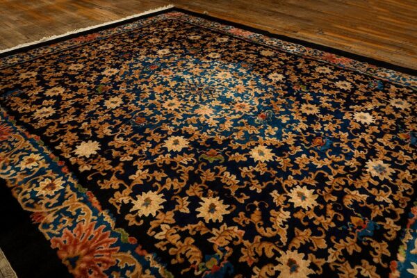 1920s traditional navy floral knotted wool antique chinese room size carpet rug 5 1920s traditional navy floral knotted wool antique chinese room size carpet rug - detail view 4