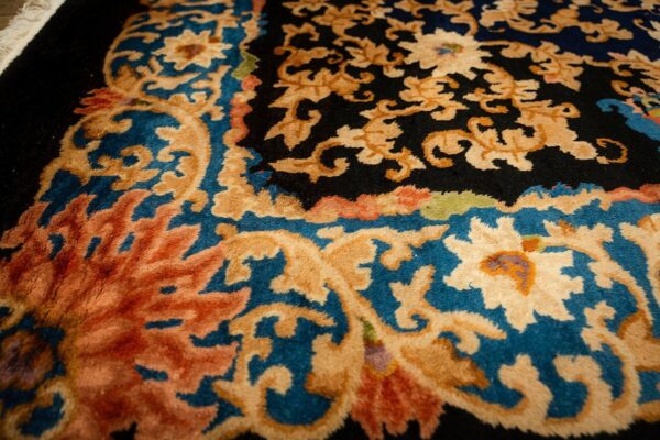 1920s traditional navy floral knotted wool antique chinese room size carpet rug 6 1920s traditional navy floral knotted wool antique chinese room size carpet rug - detail view 5