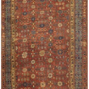 1930s Antique Red Ground Asian Design Chinese Khotan Handknotted Pile Wool Rug
