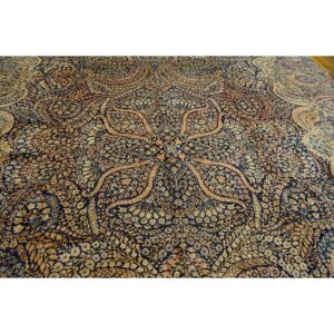 1930s Classic Blue Navy Antique Flowers Kirman Formal Knotted Wool Carpet Rug - detail view 2
