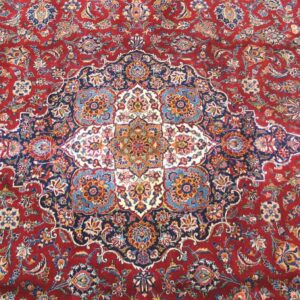 1930s Grand Classic Red Medallion Antique Kashan Handknotted Wool Carpet Rug - detail view 2