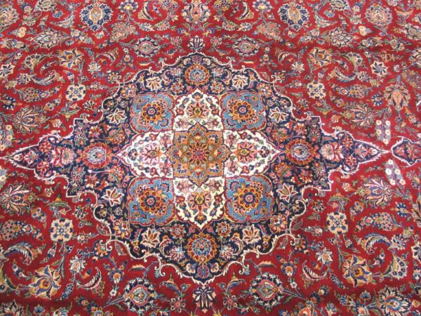 1930s grand classic red medallion antique kashan handknotted wool carpet rug - detail view 2
