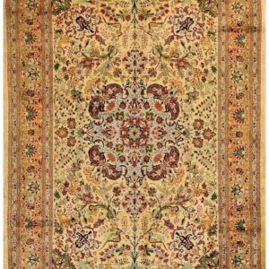 1940s Antique Beige Field Tortises Floral Tabriz Handknotted Silk Carpet Rug